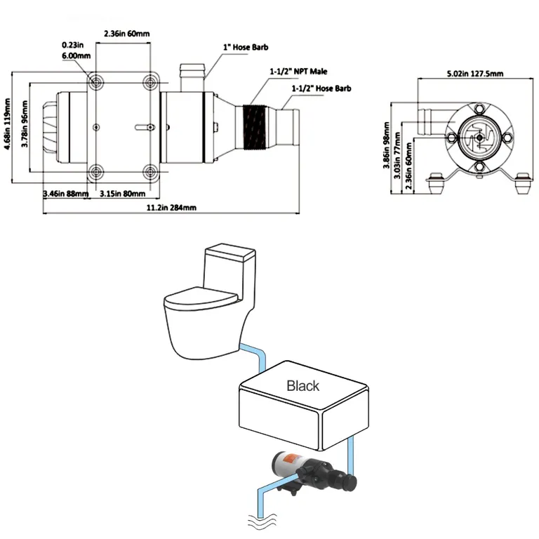 45LPM septikpumpe med kvern (24V) venstre