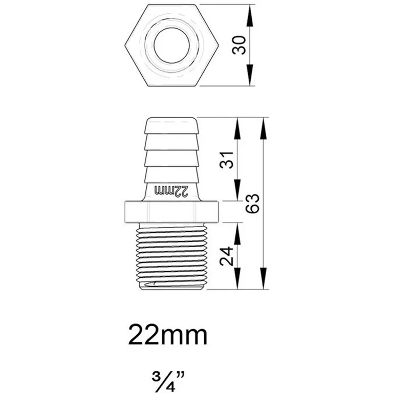 Trudesign Slangetilkobling hann 3/4" (22mm)