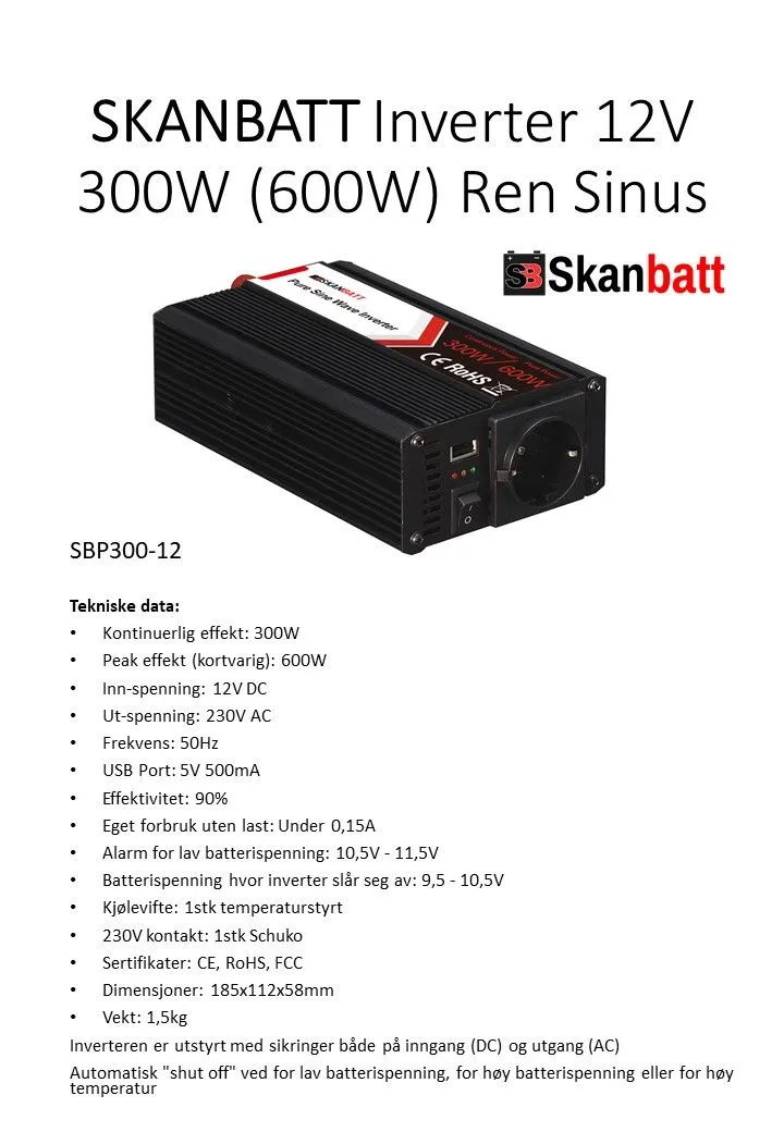 Skanbatt SBP300-12 300W ren sinus-inverter