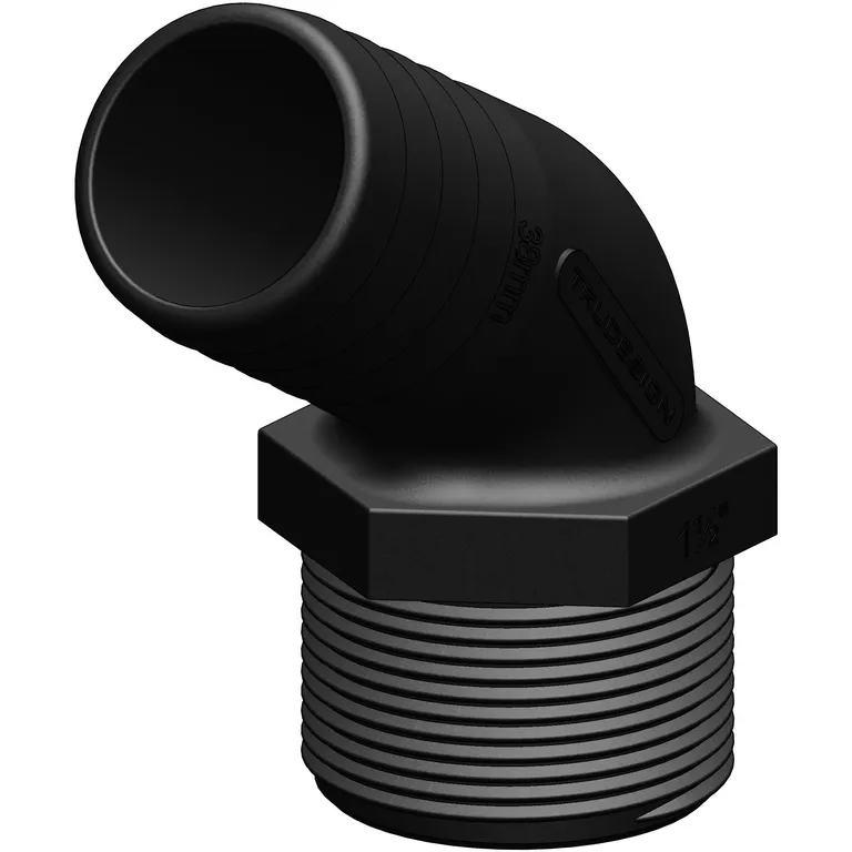 Trudesign 1 1/2" (38 mm) gjenget til 38mm slange 120° slangekobling i kompositt