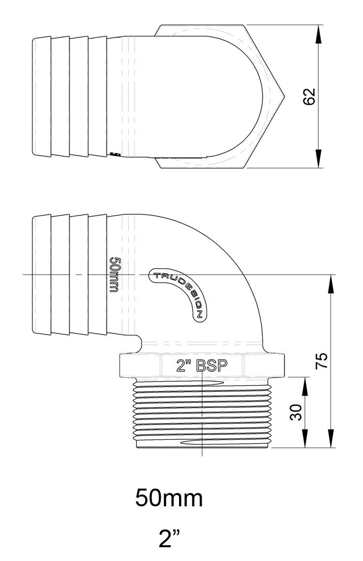 Trudesign 90 grader slangetilkobling hann 2" (50mm utv.)