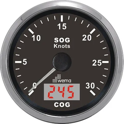 WEMA GPS speedometer med kompass, 0-30 knop, sort bunn og ring i sort