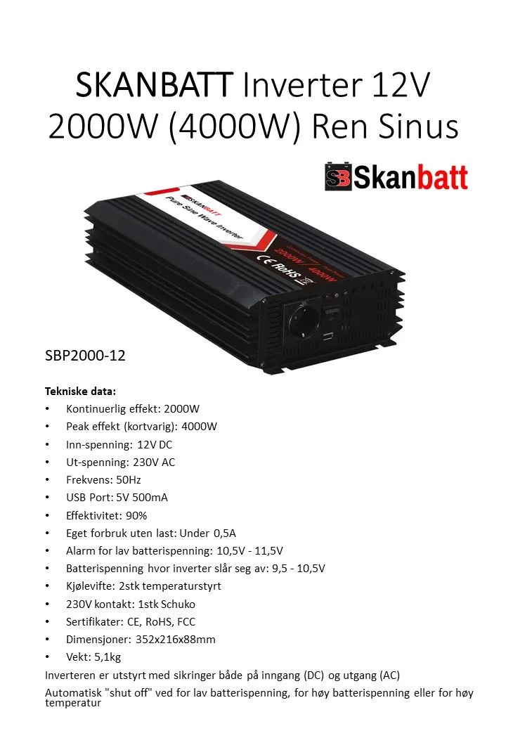 Skanbatt SBP2000-12 2000W ren sinus-inverter med trådløs fjernkontroll