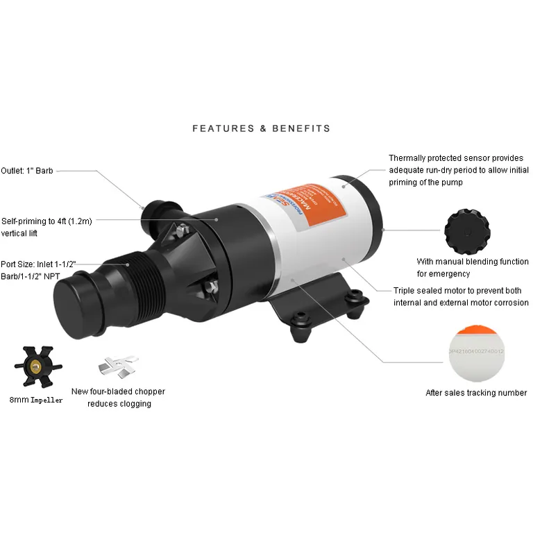Seaflo 45LPM septikpumpe med kvern (12V) venstre